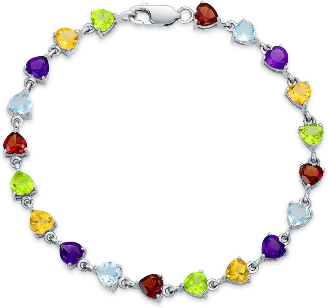 Bling Jewelry Romantic Natural Multicolor Citrine, Peridot, Garnet, Aquamarine, & Amethyst Heart Shape Gemstone Tennis Bracelet For Women .925 Sterling Silver 7 Inc