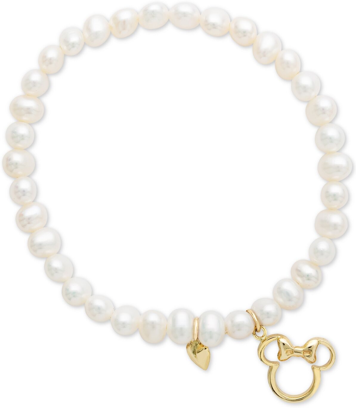 Disney Children's Cultured Freshwater Pearl (4mm) Minnie Mouse Charm Stretch Bracelet in 14k Gold - Yellow Gold