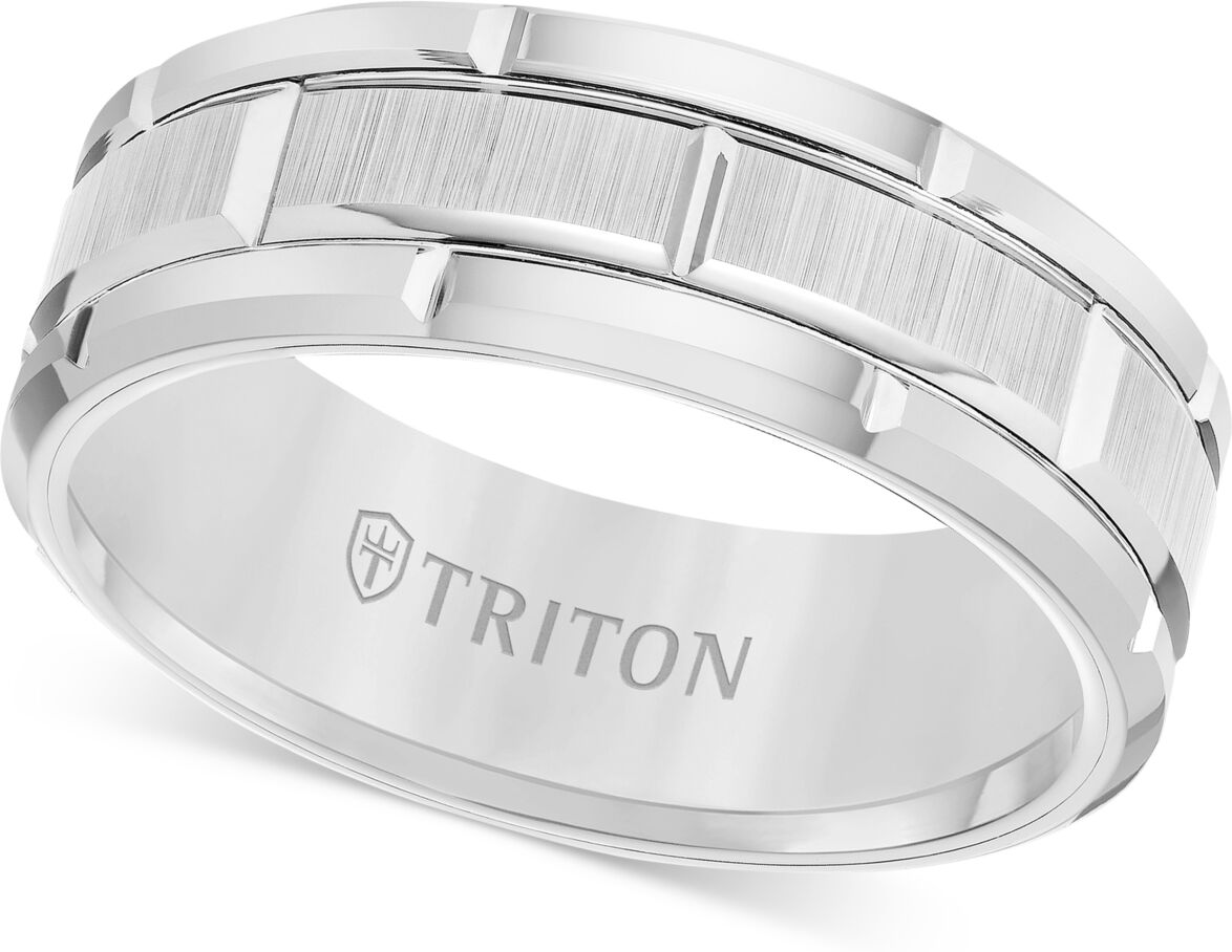 Triton Men's Ring, 8mm Wedding Band in White or Black Tungsten - White Tungsten