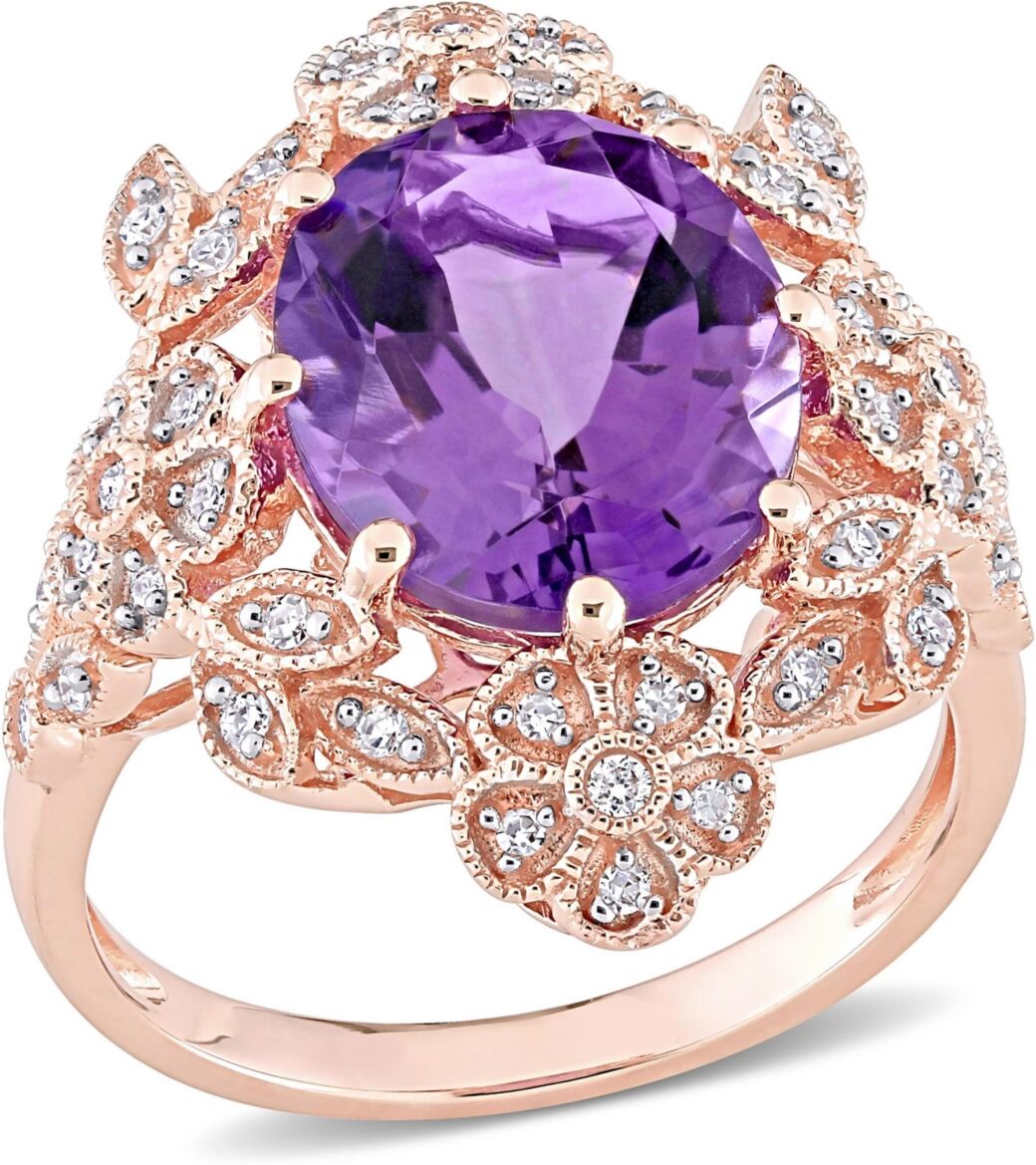 Macy's Amethyst (4 ct. t.w.) and Diamond (1/4 ct. t.w.) Floral Vintage Cocktail Ring in 14k Rose Gold - Purple