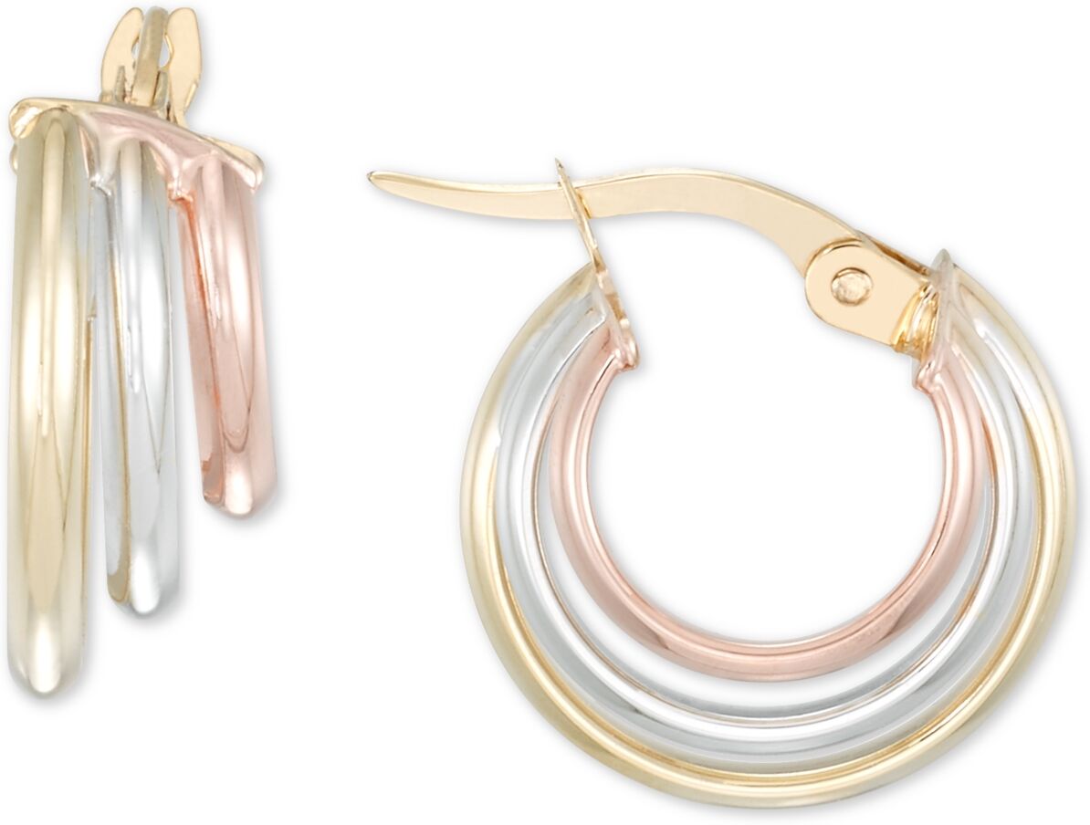 Macy's Polished Triple Row Small Hoop Earrings in 10k Gold, White Gold, & Rose Gold - Tri-color