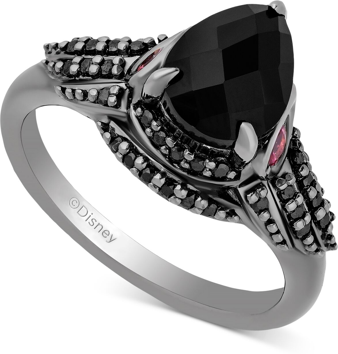 Disney Enchanted Disney Fine Jewelry Onyx, Pink Tourmaline (1/5 ct. t.w.) & Black Diamond (1/10 ct. t.w.) Maleficent Ring in Black Rhodium-Plated Sterling Si