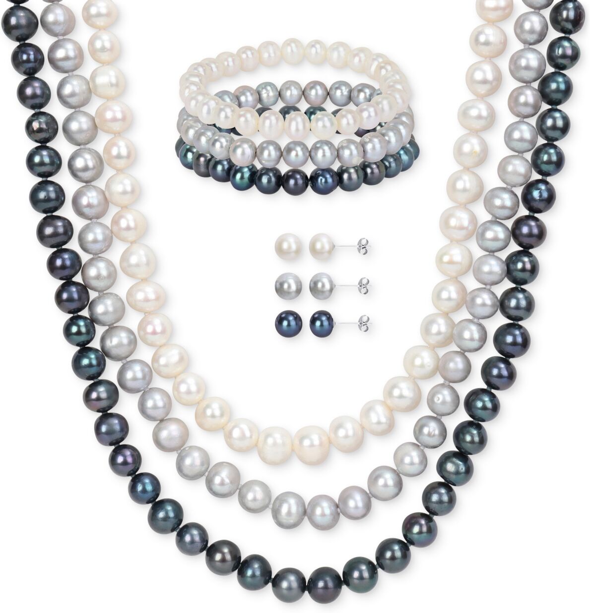 Macy's 7-Pc. Set White, Black, & Gray Cultured Freshwater Pearl (7-1/2 - 8mm) Necklace, Bracelets, & Stud Earrings - Black