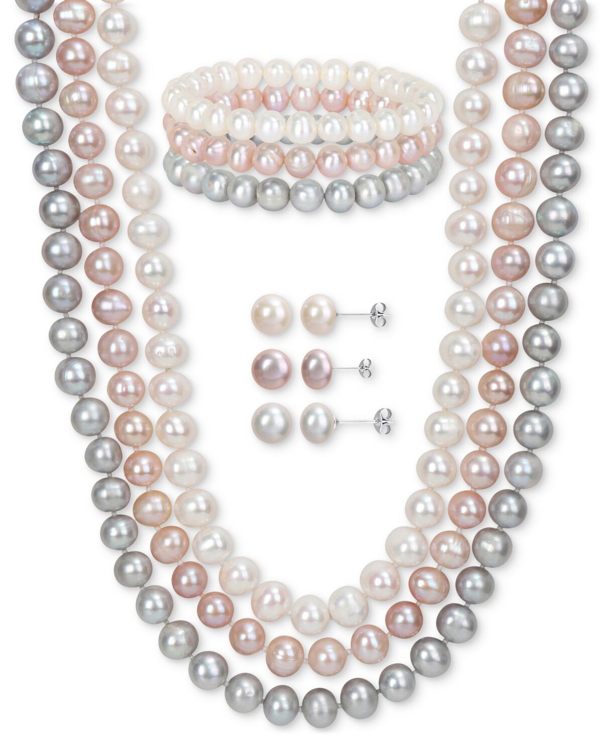 Macy's 7-Pc. Set White, Black, & Gray Cultured Freshwater Pearl (7-1/2 - 8mm) Necklace, Bracelets, & Stud Earrings - Pink