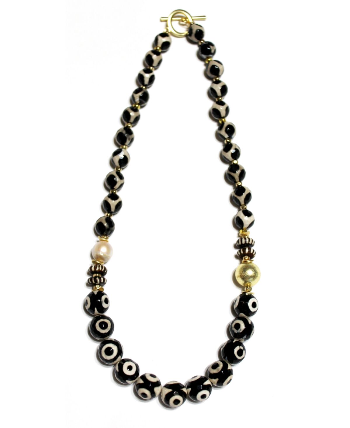 Michael Gabriel Designs Black Dahlia Tibetan Agate Beads and Genuine Pearl Necklace - Faceted Agate with Kenya Wood Accent Bea
