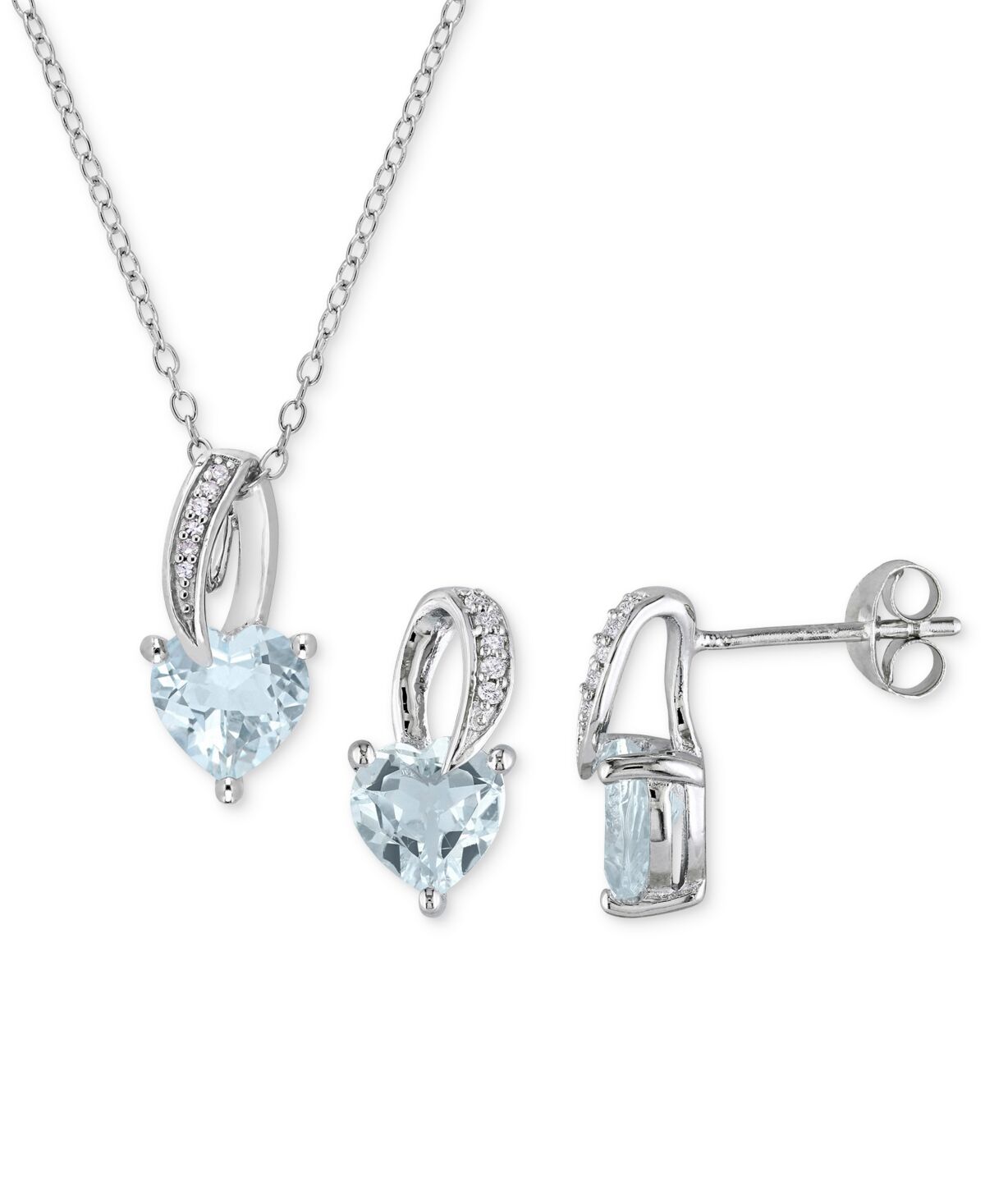 Macy's 2-Pc. Set Aquamarine (2-3/8 ct. t.w.) & Diamond (1/20 ct. t.w.) Heart Pendant Necklace & Matching Stud Earrings in Sterling Silver - AQUAMARINE