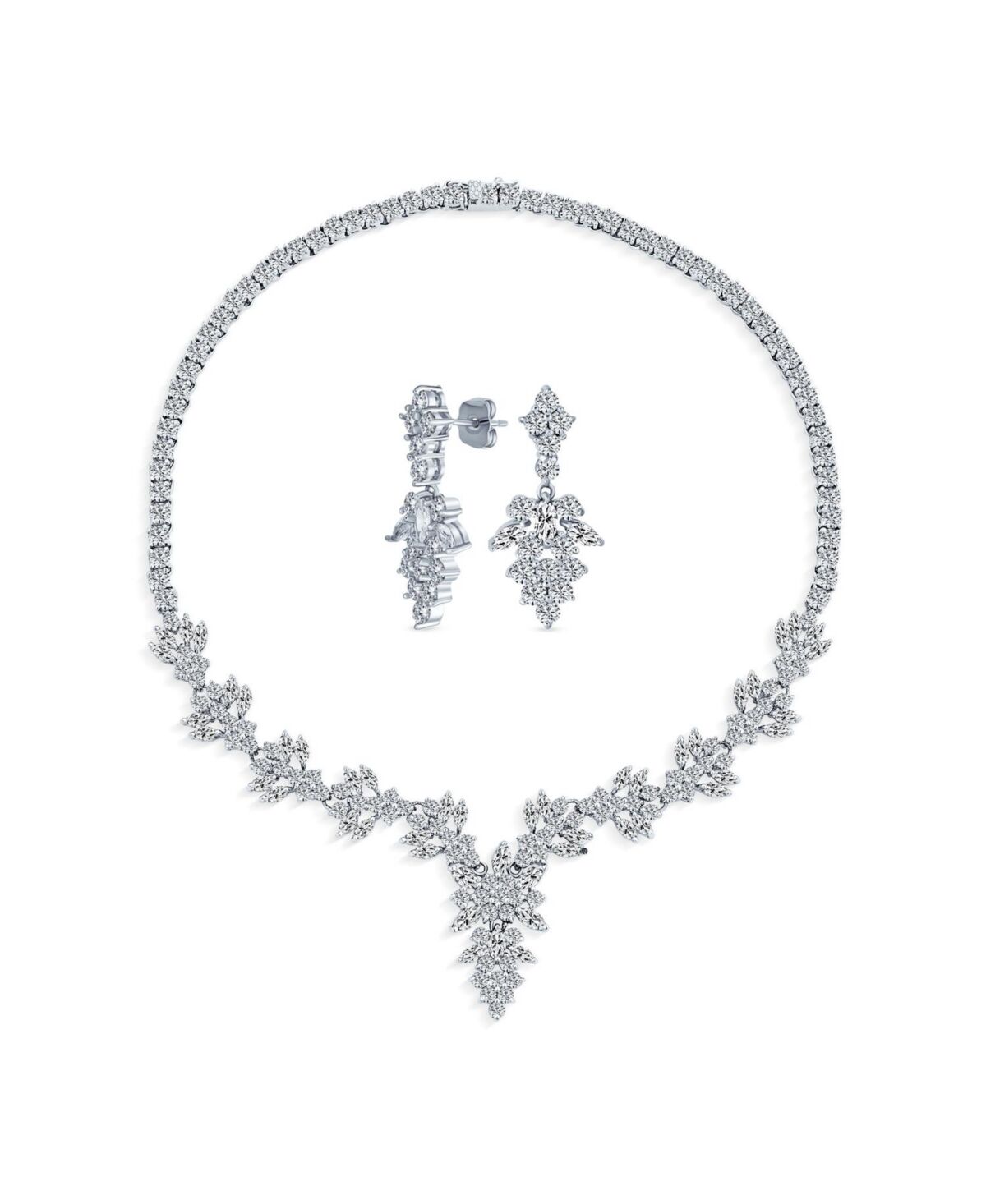 Bling Jewelry Art Deco Style Marquise Leaf Starburst Cubic Zirconia Aaa Cz Statement Collar V Necklace & Chandelier Dangle Earrings Bridal Jewelry Set