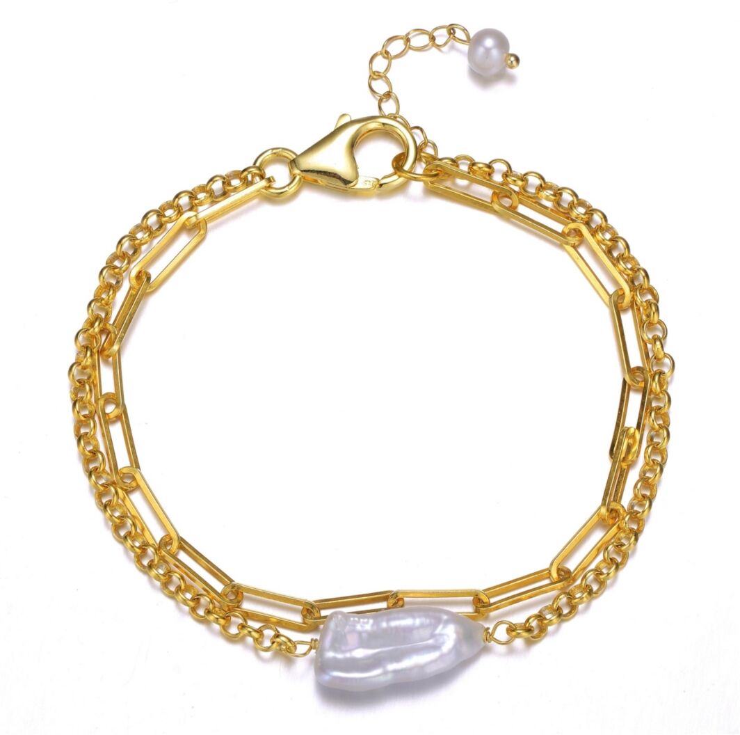 Genevive 14k Yellow Gold Plated with Free-Form Genuine Freshwater Pearl Cable Rolo Chain Double Layer Bracelet in Sterling Silver - Gold