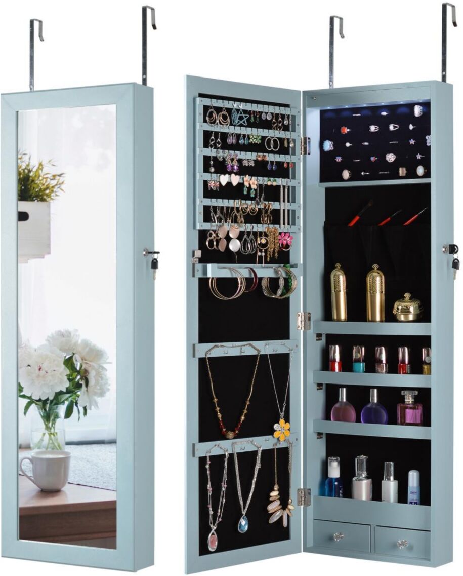 Simplie Fun Fashion Simple Jewelry Storage Mirror Cabinet With Led Lights Can Be Hung On The Door Or Wall - Blue