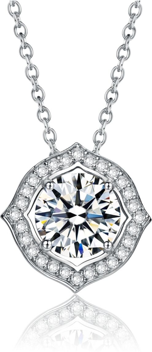 Stella Valentino Sterling Silver White Gold Plated with 1ctw Lab Created Moissanite Round Halo Vintage Style Pendant Necklace - Silver