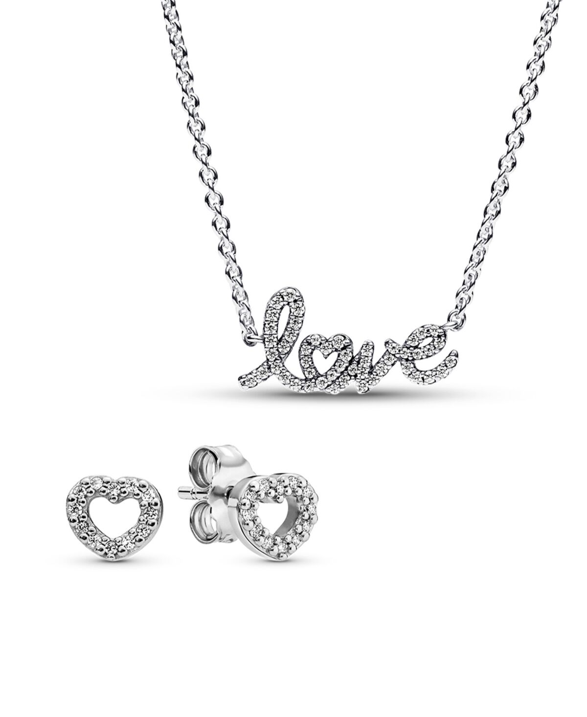 Pandora Sterling Silver Handwritten Love Necklace and Heart Shaped Studded Earrings Jewelry Gift Set - Silver
