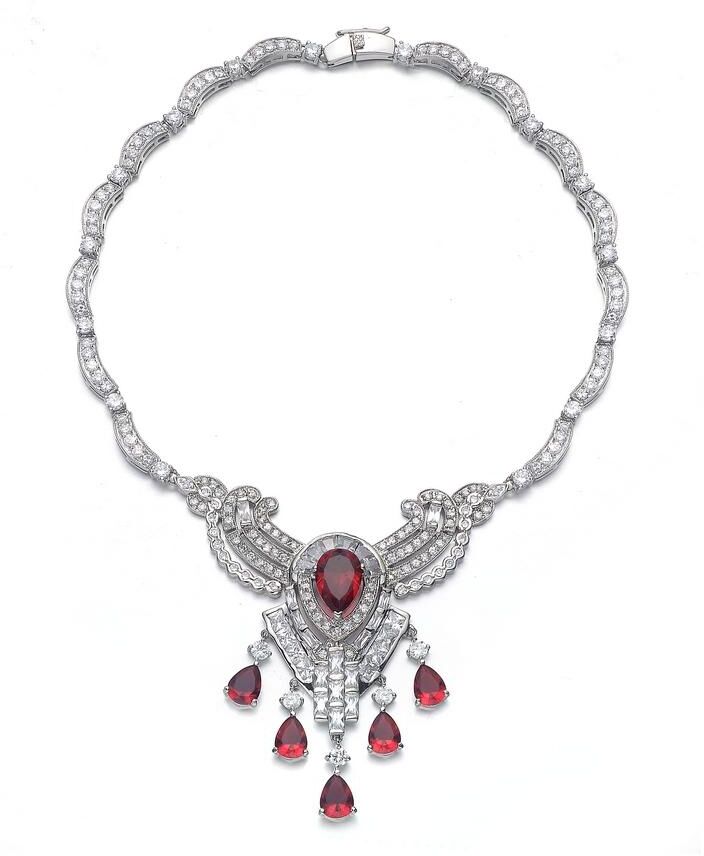 Genevive Elegant Heavy Sterling Silver Teardrop with Cubic Zirconia Accent Necklace - Ruby