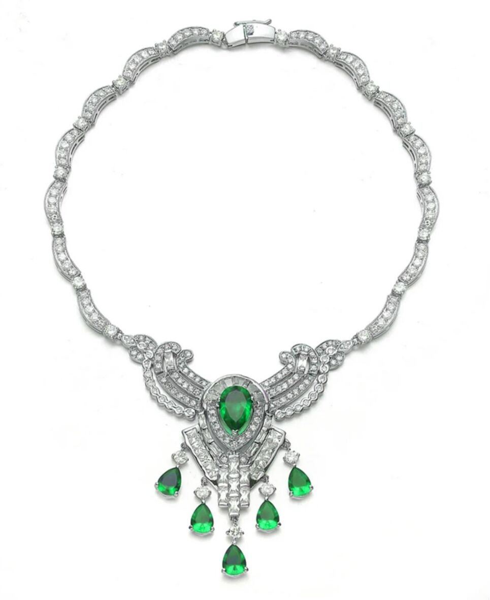 Genevive Elegant Heavy Sterling Silver Teardrop with Cubic Zirconia Accent Necklace - Emerald