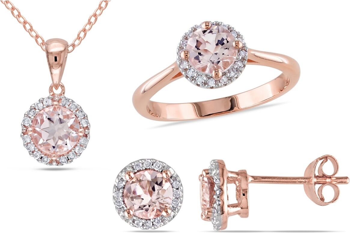 Macy's Morganite (2-5/8 ct. t.w.) and Diamond (1/4 ct. t.w.) Halo 3-Piece Necklace, Earrings and Ring Set in 18k Rose Gold Over Silver - Morganite