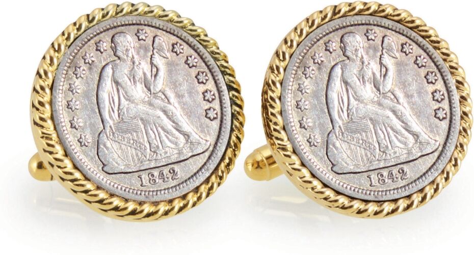 American Coin Treasures Seated Liberty Silver Dime Rope Bezel Coin Cuff Links - Gold