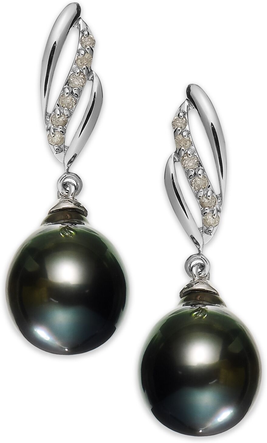 Macy's 14k White Gold Tahitian Pearl (9mm) and Diamond (1/10 ct. t.w.) Drop Earrings - Black