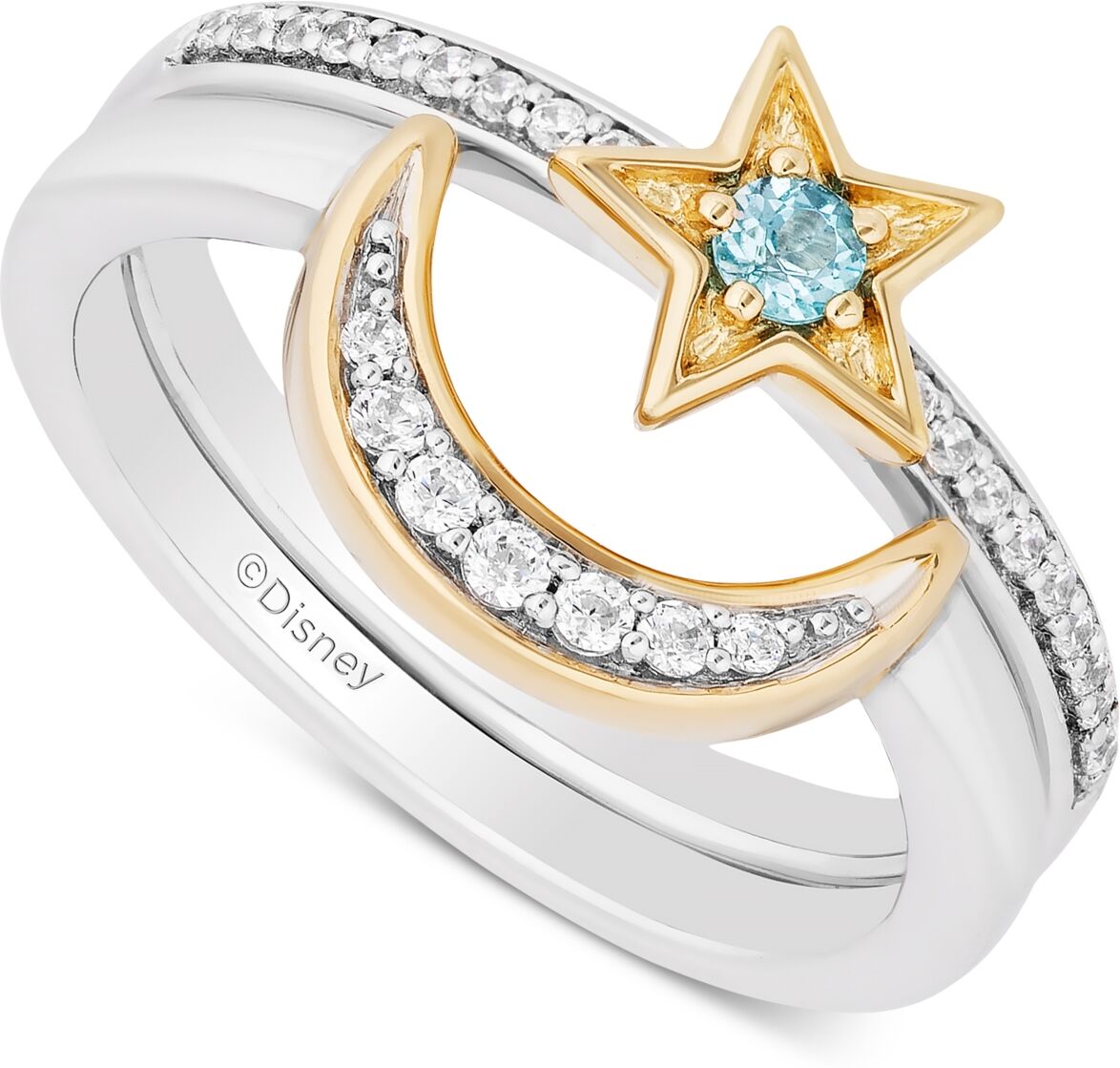 Disney Enchanted Disney Fine Jewelry Swiss Blue Topaz (1/10 ct. t.w.) & Diamond (1/6 ct. t.w.) Jasmine Star & Moon Ring in Sterling Silver & 14k Yellow Gold