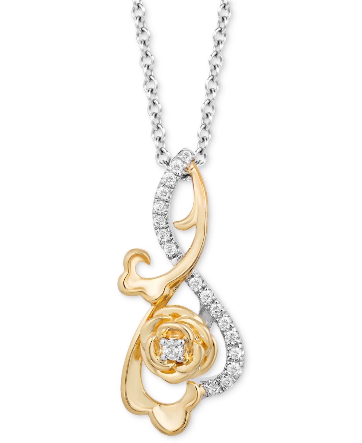Disney Enchanted Disney Fine Jewelry Diamond Belle Rose Pendant Necklace (1/6 ct. t.w.) in Sterling Silver & 10k Gold, 16