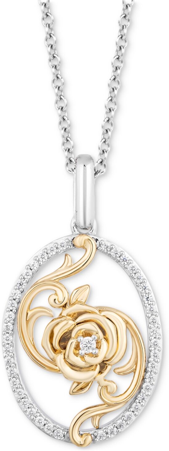 Disney Enchanted Disney Fine Jewelry Diamond Oval Belle Rose Pendant Necklace (1/6 ct. t.w.) in Sterling Silver & 14k Gold - Two-Tone