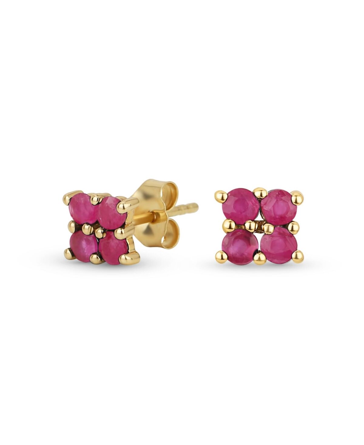 Bling Jewelry Minimalist Geometric Genuine 14K Yellow Gold Square Gemstone Stud Earrings for Women Teens - Red