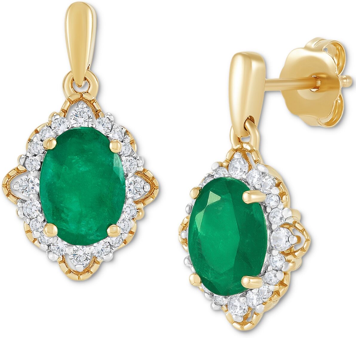 Macy's Emerald (1-1/2 ct. t.w.) & Diamond (1/5 ct. t.w.) Vintage Look Oval Halo Drop Earrings in 14k Gold - Emerald