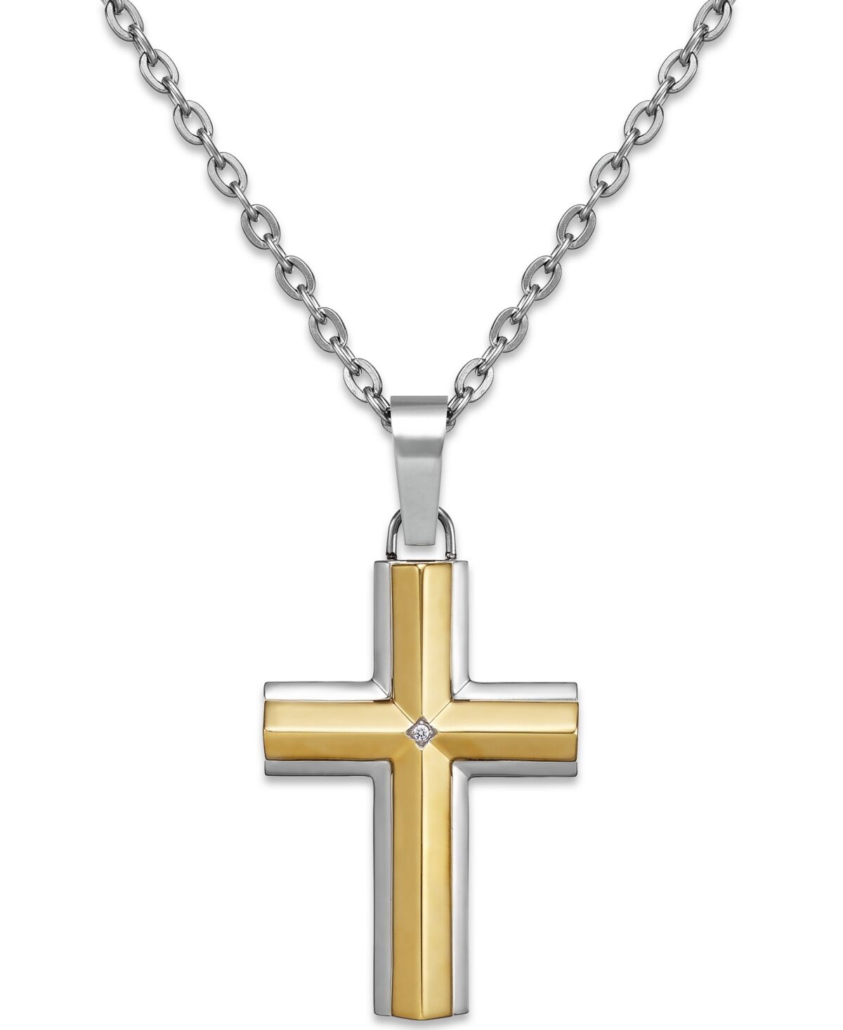 Macy's Diamond Accent Cross Pendant Necklace in Stainless Steel and 10K Gold - Sterling Silver