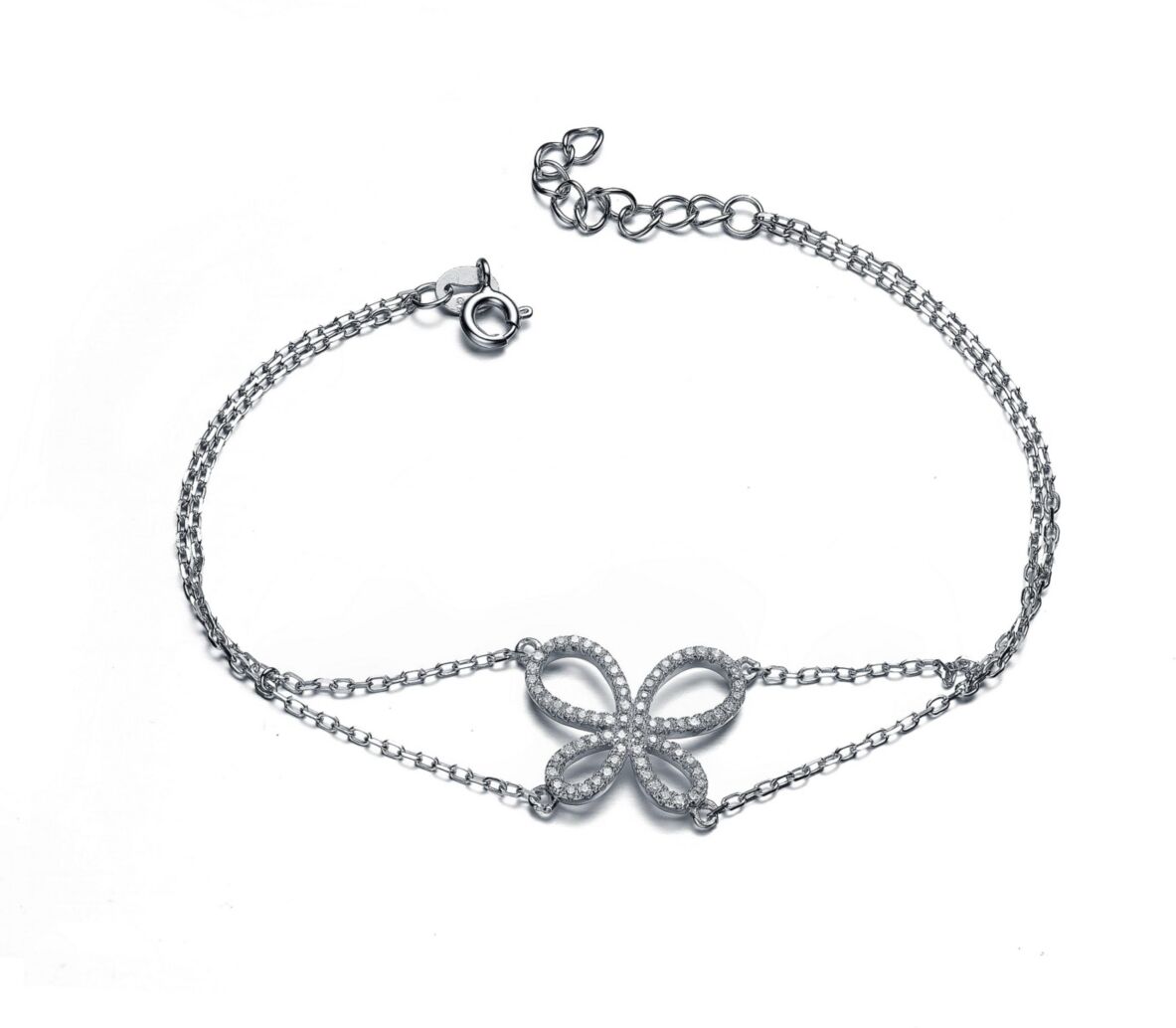 Genevive Sterling Silver White Gold Plated With Cubic Zirconia Butterfly Design Bracelet - Silver