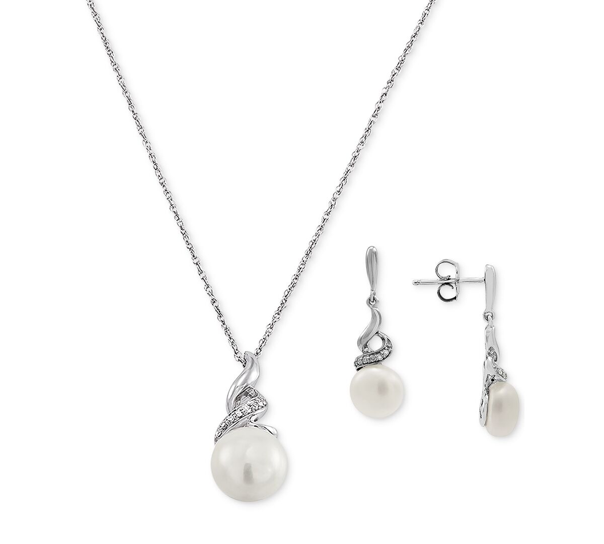 Macy's 2-Pc. Set Cultured Freshwater Pearl (8 & 9mm) & Diamond (1/10 ct. t.w.) Pendant Necklace & Matching Drop Earrings in Sterling Silver - Silver