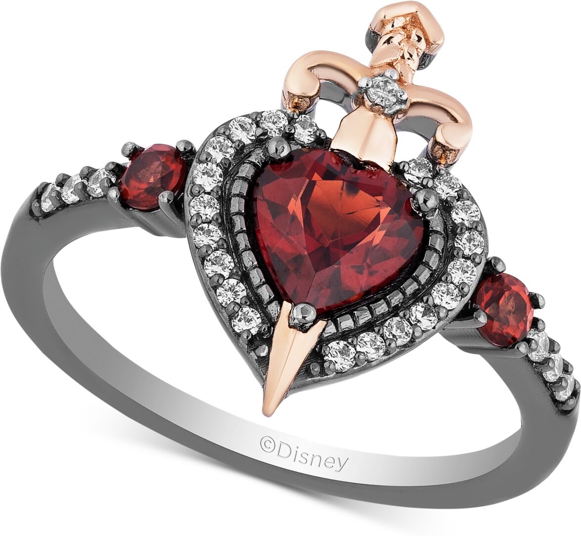 Disney Enchanted Disney Villains Garnet (7/8 ct. t.w.) & Diamond (1/6 ct. t.w.) Evil Queen Heart & Sword Ring in 14k Rose Gold & Black Rhodium-Plated Sterlin