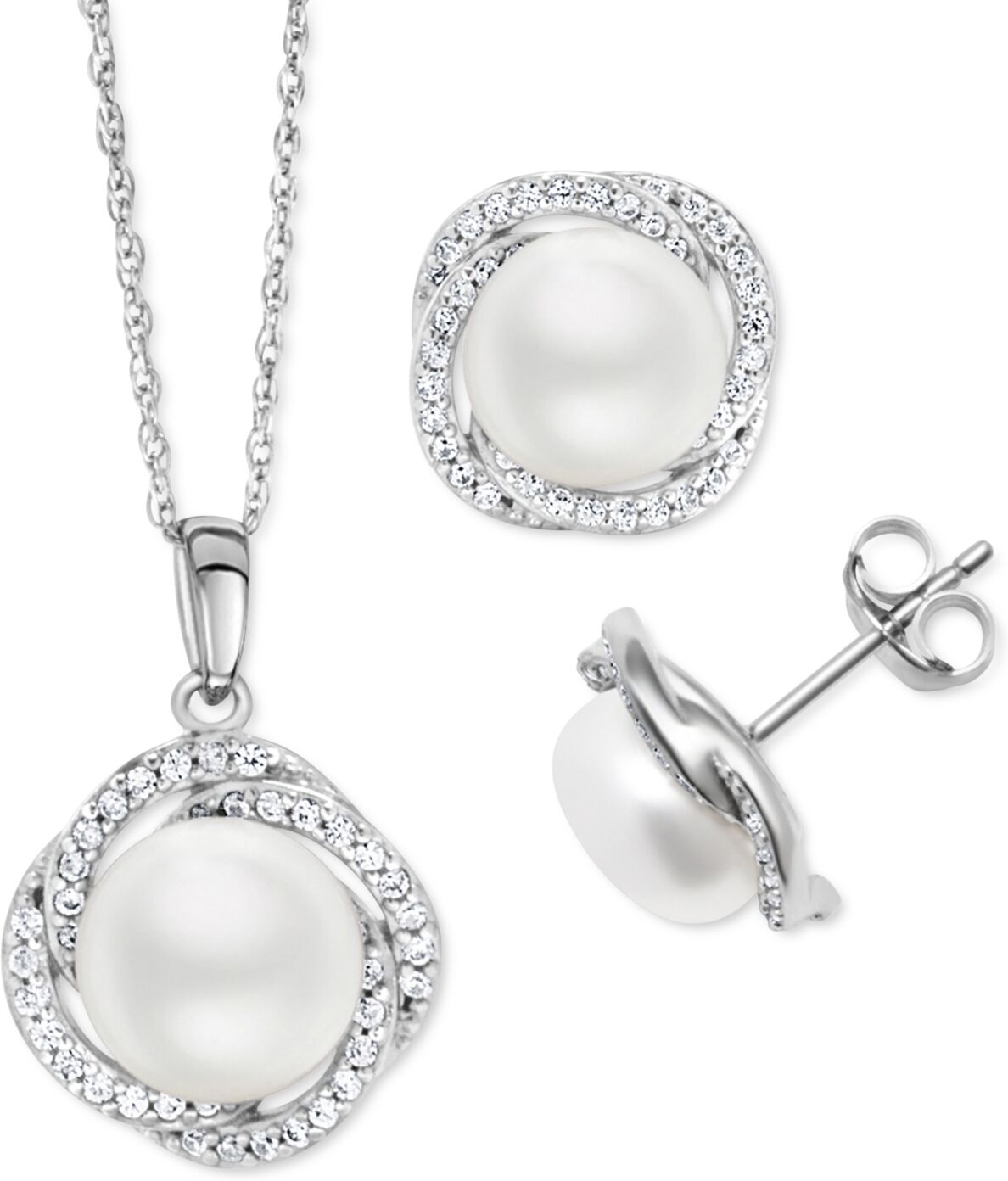 Macy's 2-Pc. Set Cultured Freshwater Pearl (9mm) & White Zircon (1-1/5 ct. t.w.) Pendant Necklace & Matching Stud Earrings in Sterling Silver - Silver