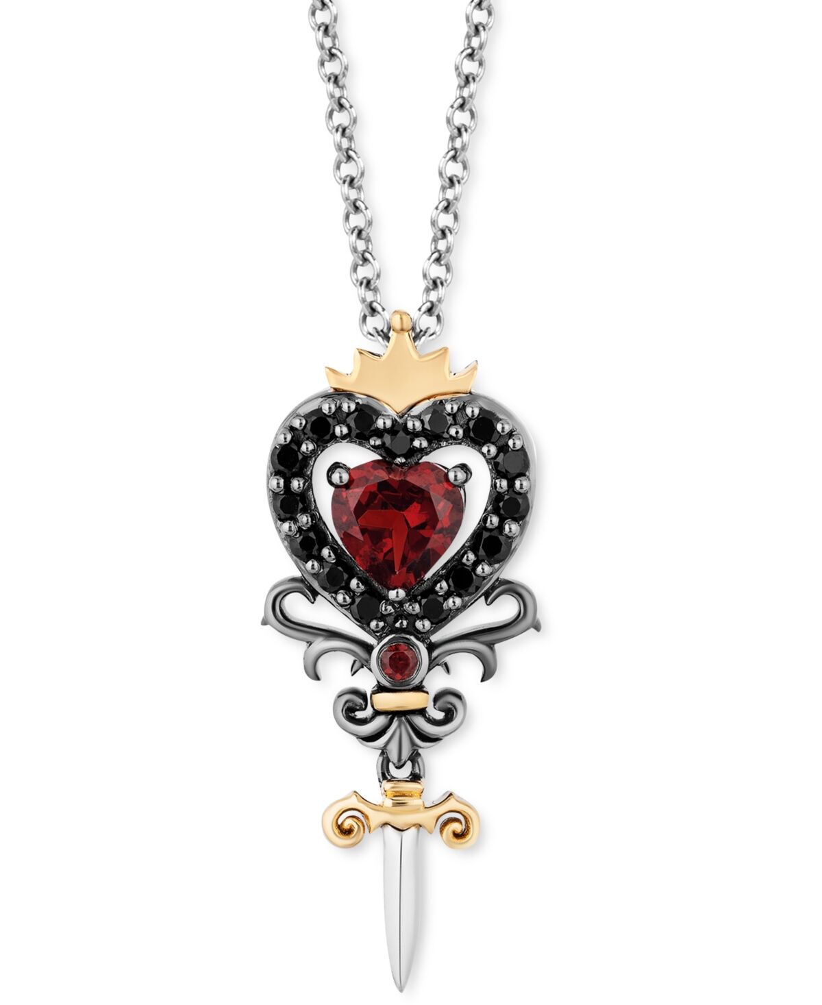 Disney Enchanted Disney Fine Jewelry Rhodolite Garnet (5/8 ct. t.w.) & Black Diamond (1/4 ct. t.w.) Evil Queen Heart Dagger Pendant Necklace in Sterling Silv