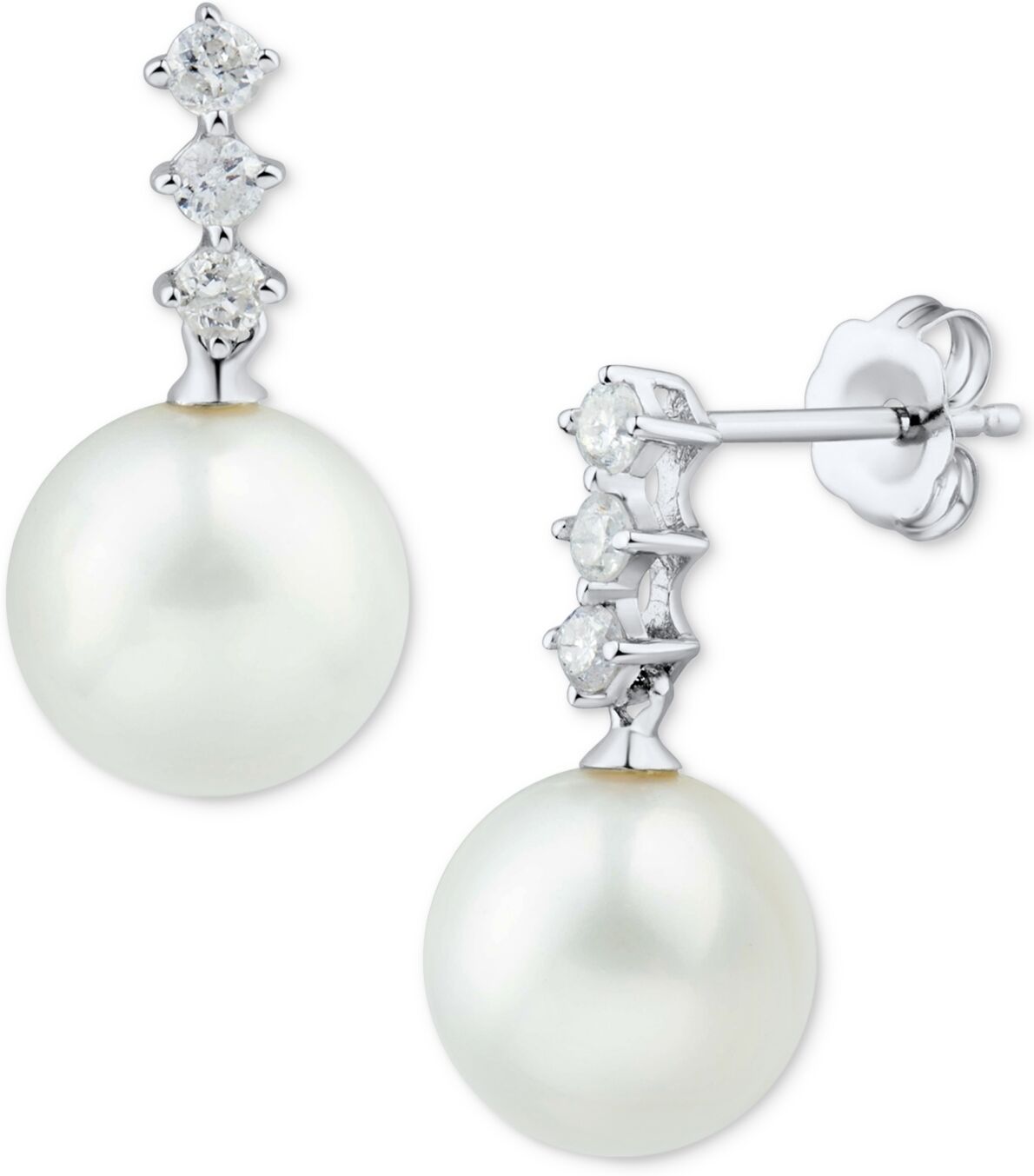 Macy's Cultured Freshwater Pearl (8mm) & Diamond (1/5 ct. t.w.) Drop Earrings in 14k White Gold - White Gold