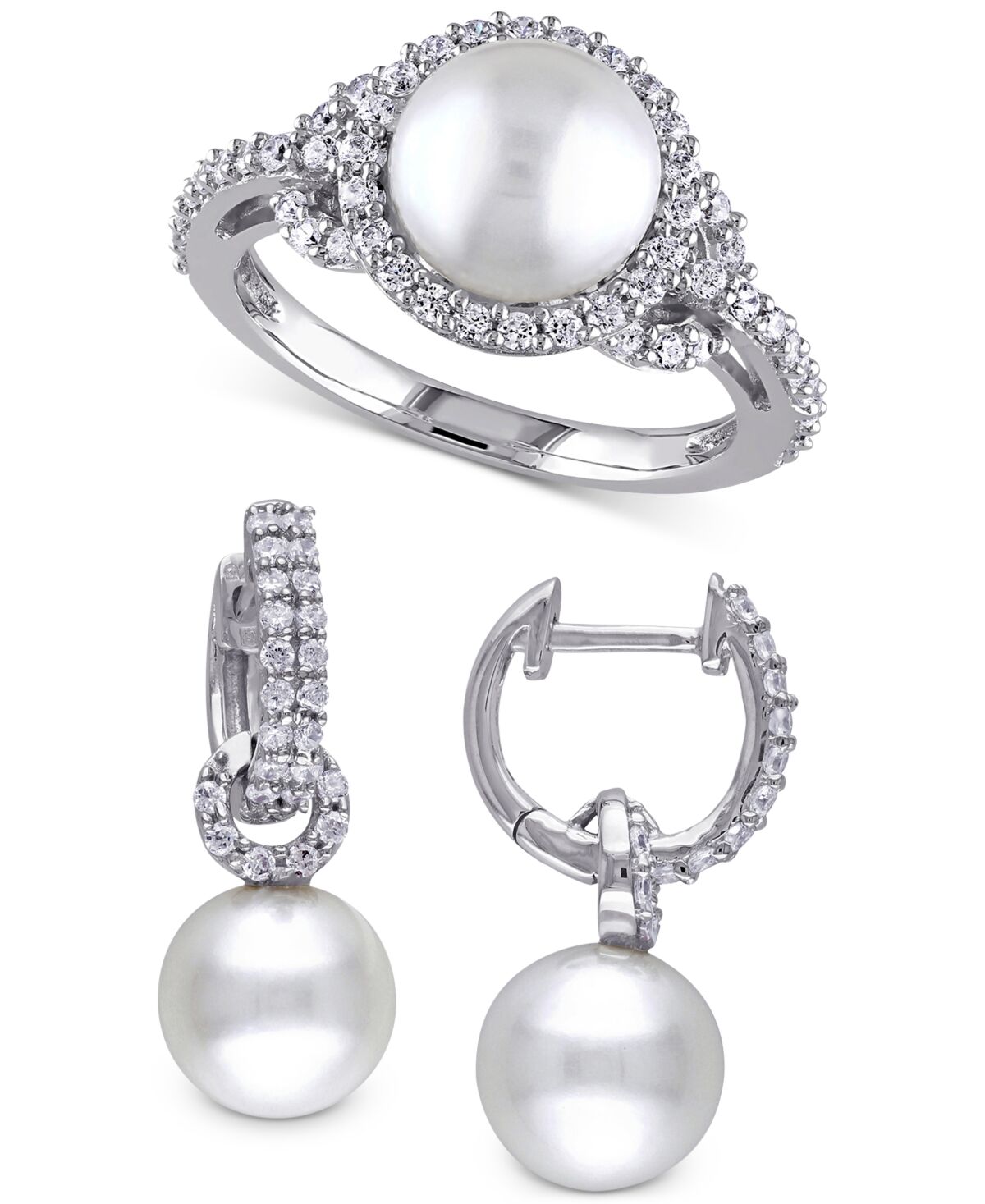 Macy's 2-Pc. Set Cultured Freshwater Pearl (8-9mm) & Cubic Zirconia Dangle Hoop Earrings & Halo Ring in Sterling Silver - Silver