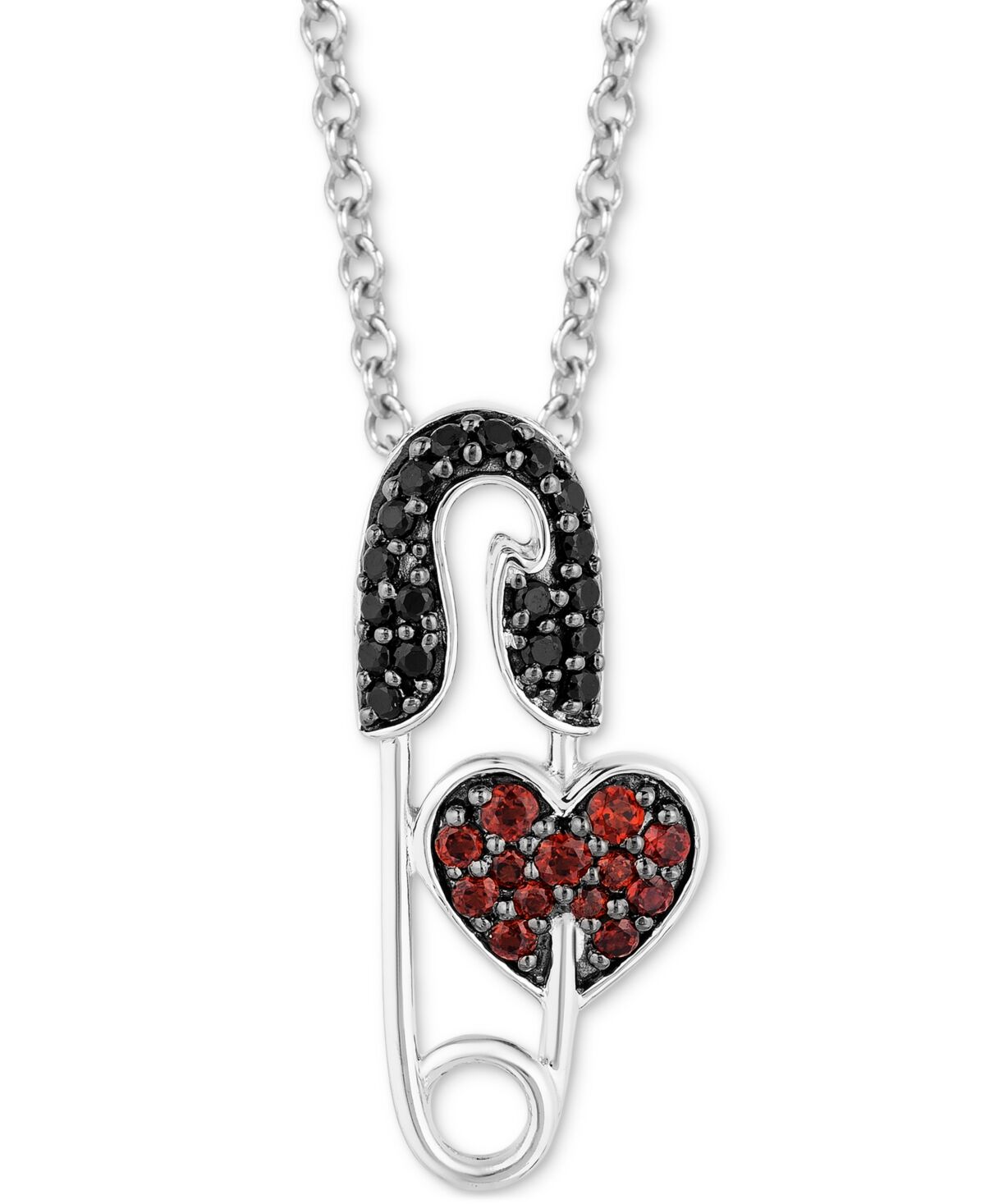 Disney Enchanted Disney Fine Jewelry Garnet Accent & Black Diamond (1/8 ct. t.w.) Cruella Safety Pin Pendant Necklace in Sterling Silver & Black Rhodium-Plat