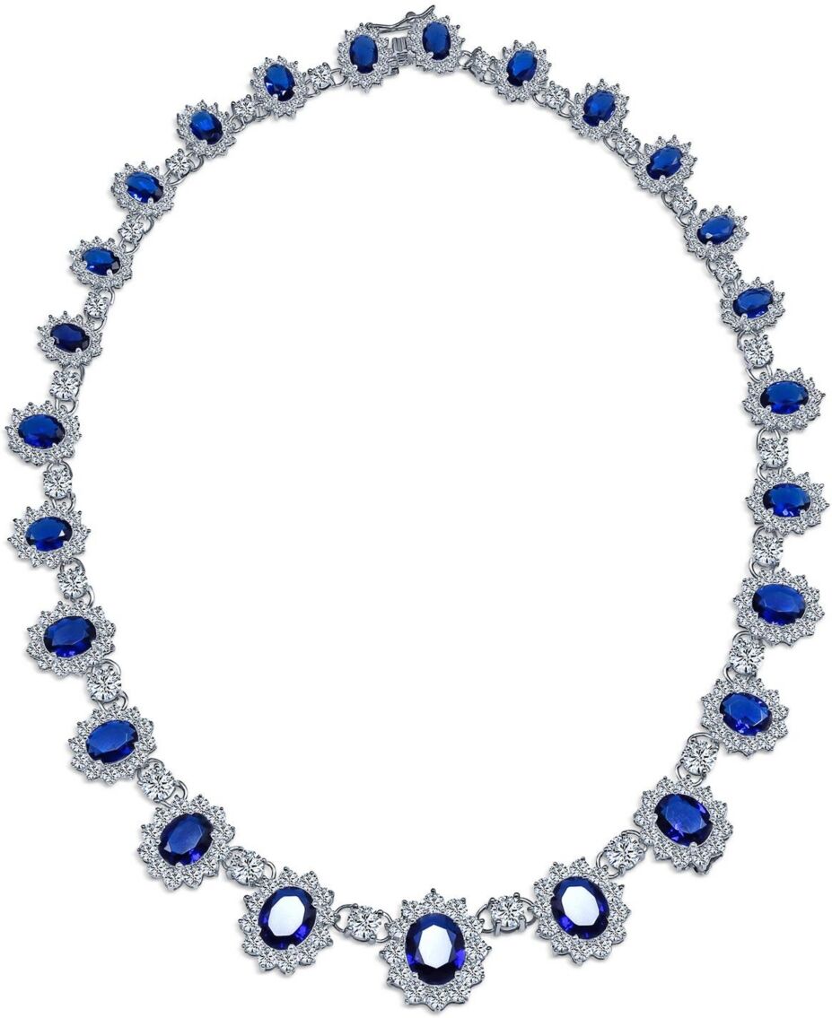 Bling Jewelry Antique Style Fashion Bridal Oval Crown Halo Aaa Cz Cubic Zirconia Statement Collar Necklace For Women - Blue