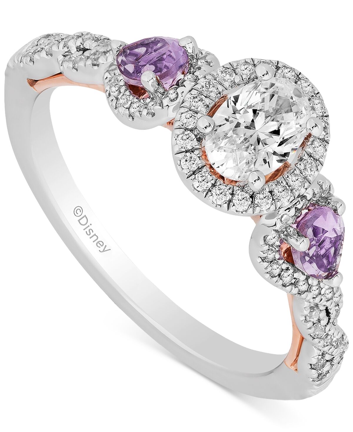 Disney Enchanted Disney Fine Jewelry Diamond (3/4 ct. t.w.) & Rose de France Amethyst (1/3 ct. t.w.) Rapunzel Halo Ring in 14k White & Rose Gold - Two Tone