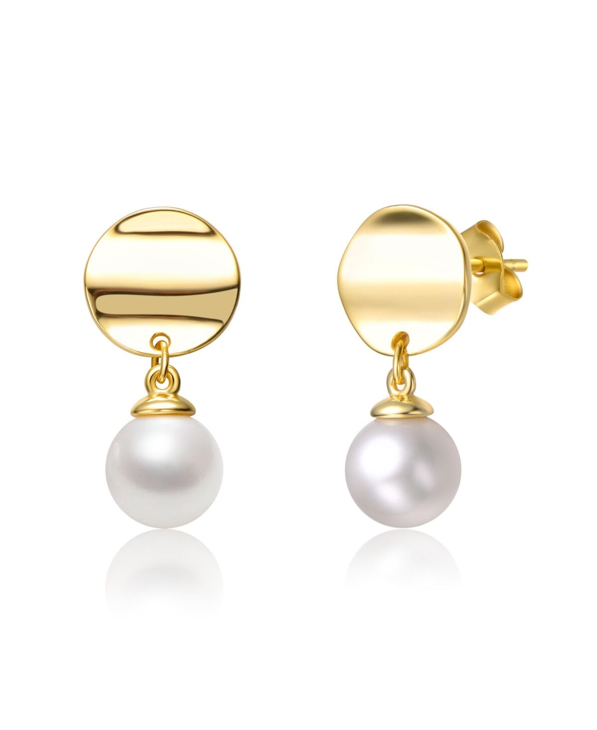 Genevive Sterling Silver & 14K Gold-Plated White Freshwater Pearl Double Drop Earrings with Gold Medallion Coin - Gold
