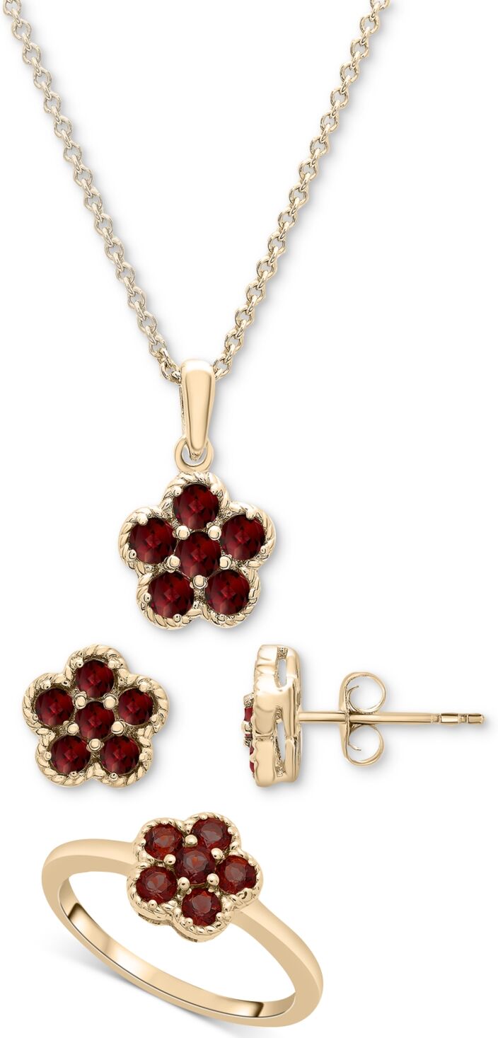 Macy's 3-Pc. Set Garnet Flower Pendant Necklace, Matching Ring & Stud Earrings (1-1/2 ct. t.w.) in 14k Gold-Plated Sterling Silver - Garnet