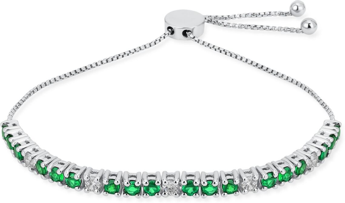 Bling Jewelry Gemstones 2.2 Ctw White Zircon Alternating Created Green Emerald Bolo Tennis Bracelet for Women Adjustable 7-8 Inch .925 Sterling Silver - Green