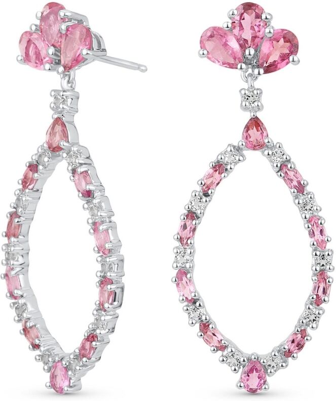 Bling Jewelry Large Statement Open Teardrops Gemstone Leaf Chandelier Earrings For Women .925 Sterling Silver - Pink