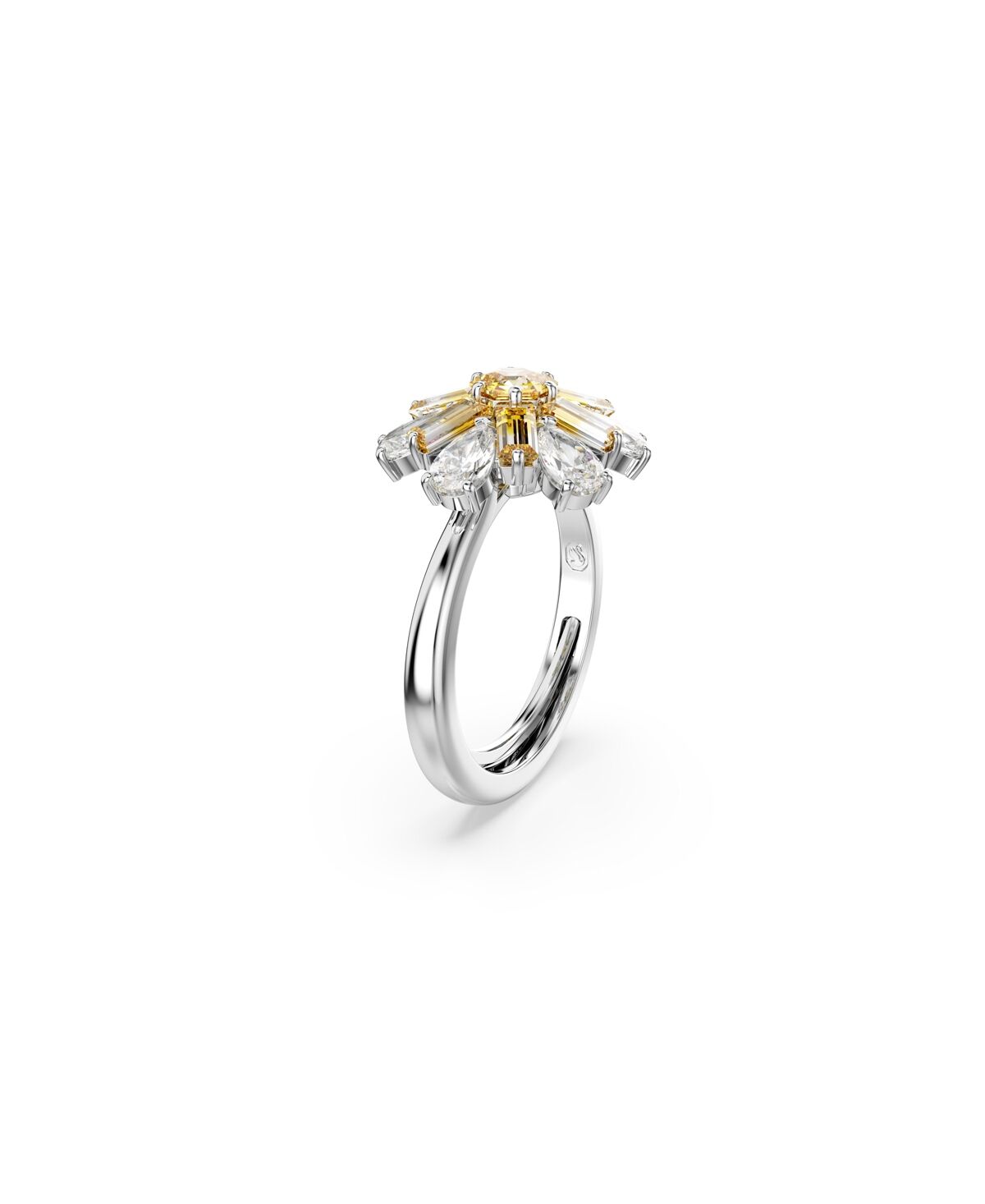 Swarovski Mixed Cuts, Flower, Yellow, Rhodium Plated Idyllia Cocktail Ring - Yellow