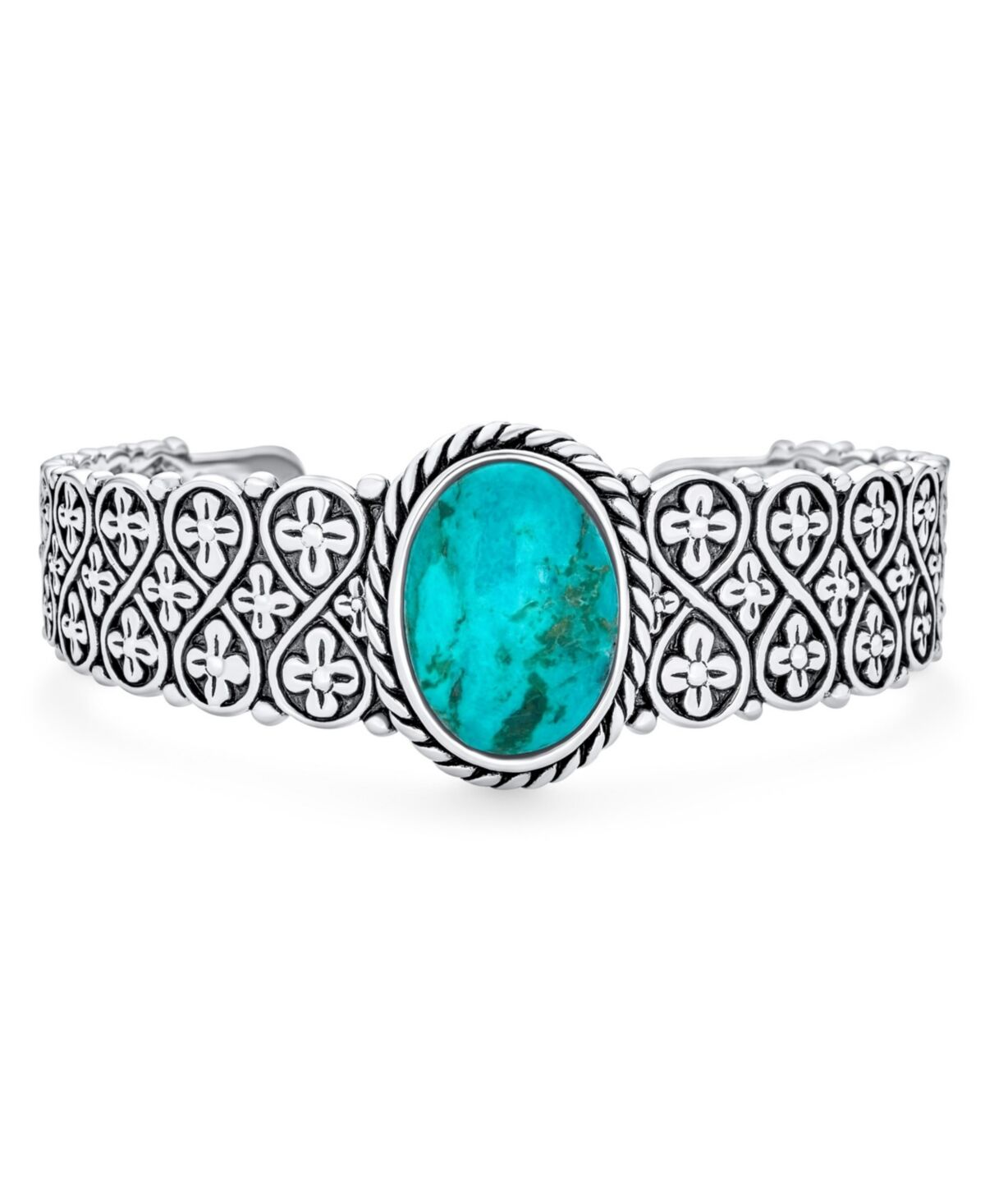 Bling Jewelry South Western Style Oval Cabochon Gemstone Flora Cross Infinity Lattice Turquoise Wide Cuff Bracelet For Women .925 Sterling Silver - Blue