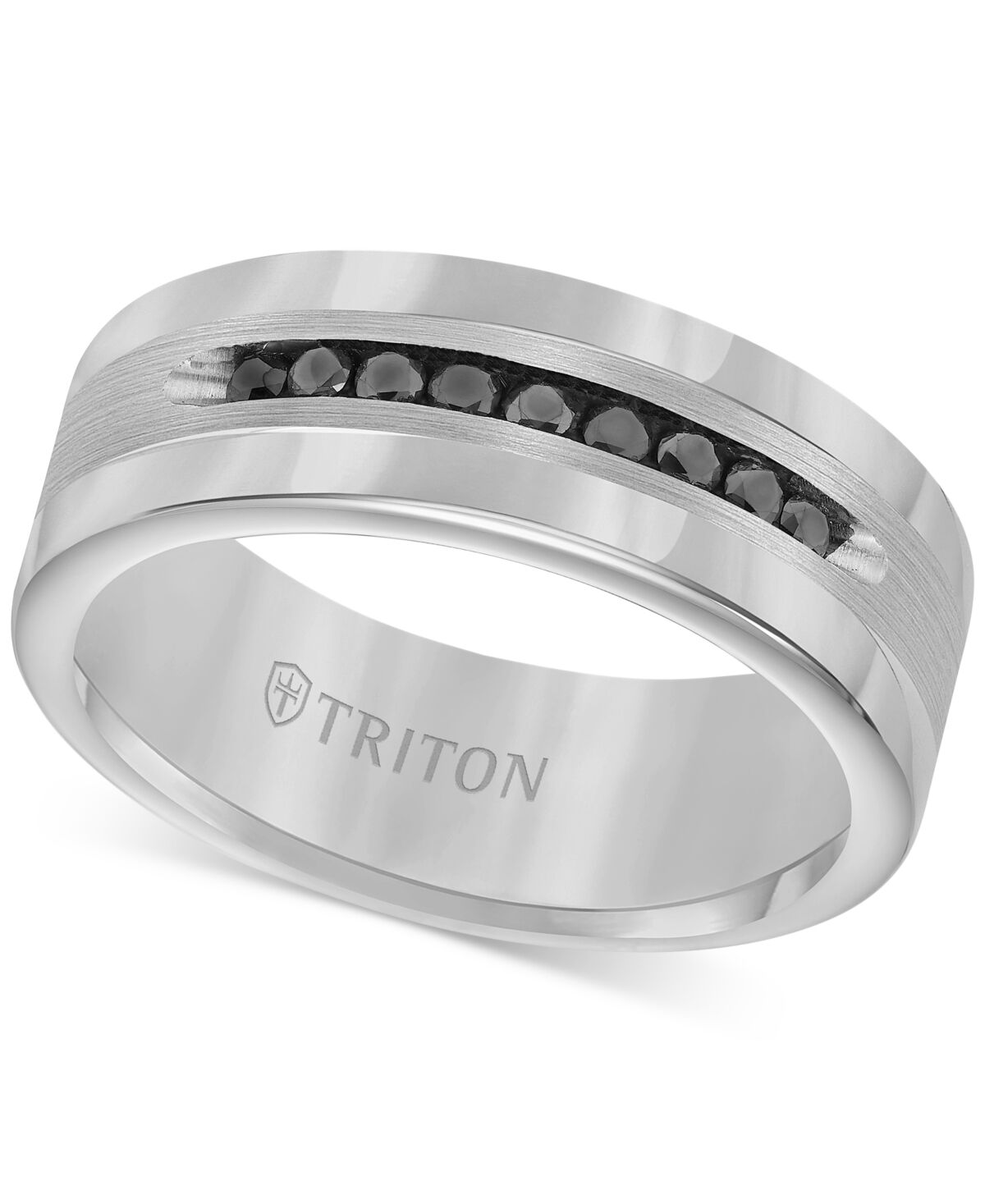 Triton Men's Tungsten and Sterling Silver Ring, Channel-Set Black Diamond Accent Wedding Band - Tungsten