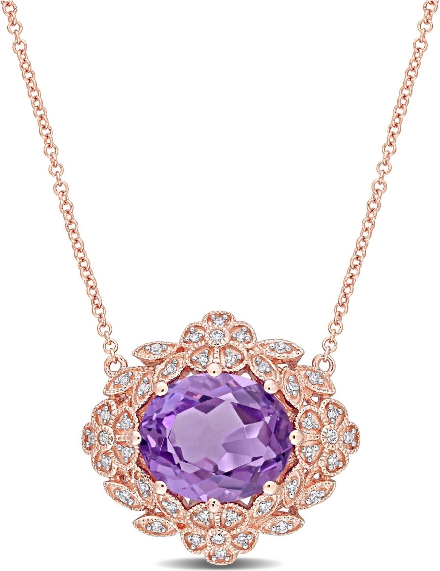 Macy's Amethyst (4 ct. t.w.) and Diamond (1/5 ct. t.w.) Floral Vintage Necklace in 14k Rose Gold - Purple