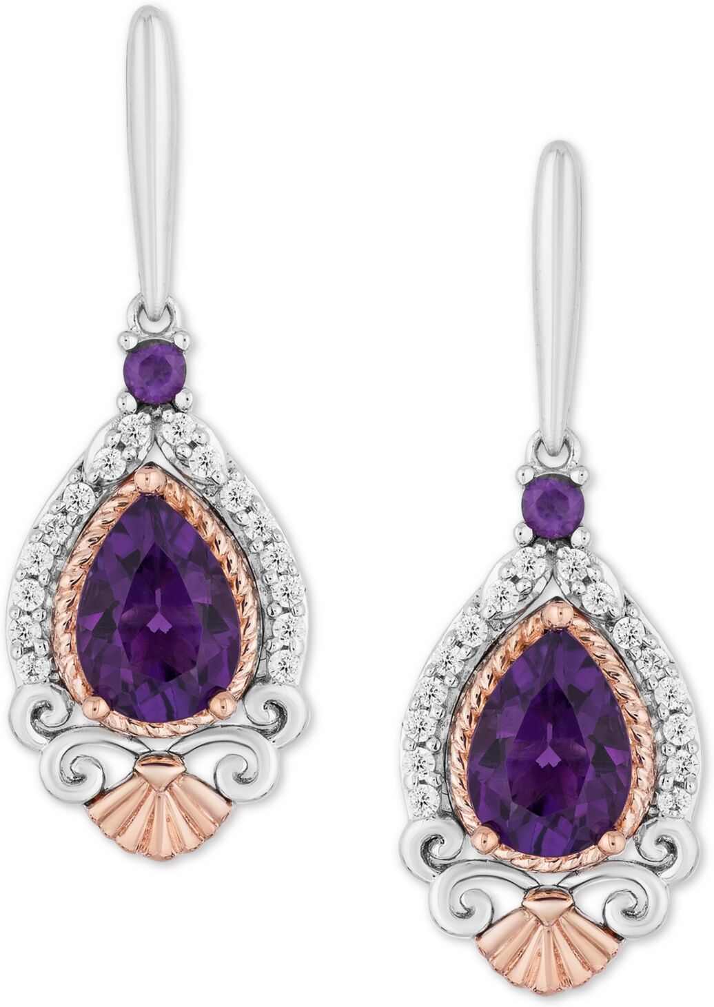 Disney Enchanted Disney Amethyst (2 ct. t.w.) & Diamond (1/7 ct. t.w.) Ariel Drop Earrings in Sterling Silver & 14k Rose Gold - Amethyst