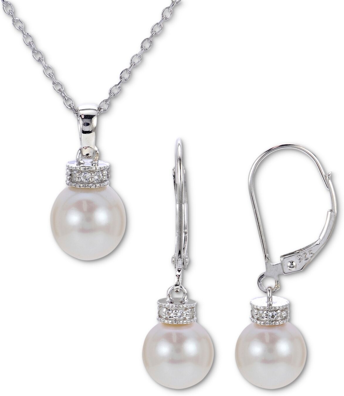 Macy's 2-Pc. Set Cultured Freshwater Pearl (7-1/2-8-1/2mm) & White Topaz (1/10 ct. t.w.) Pendant Necklace and Matching Drop Earrings in Sterling Silver - Ste