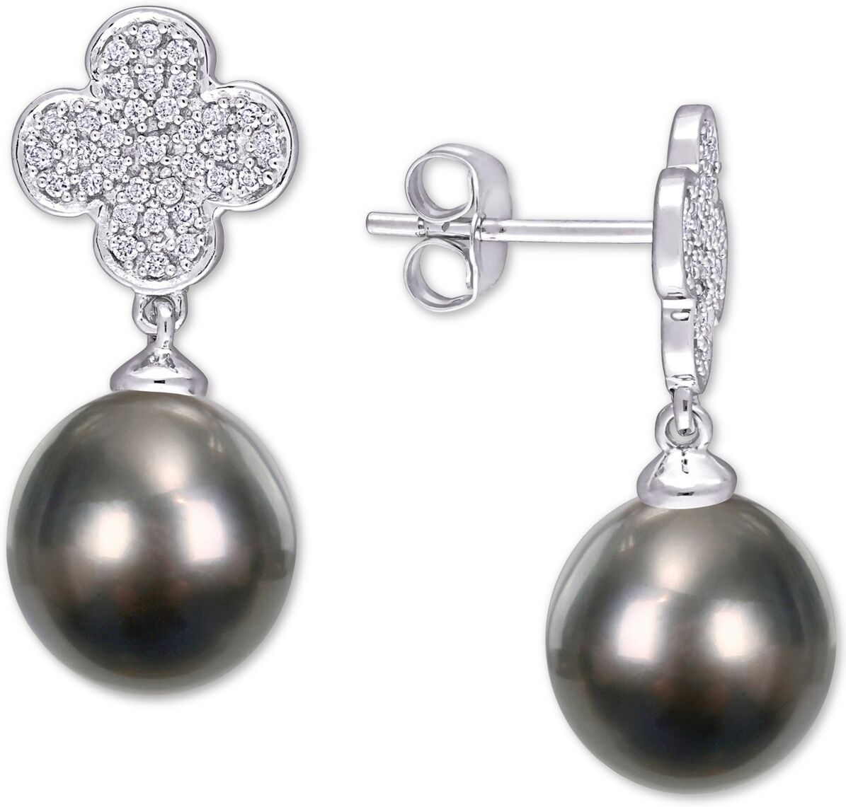 Macy's Black Cultured Tahitian Pearl (10mm) & Diamond (1/5 ct. t.w.) Flower Drop Earrings in 14k White Gold - White Gold