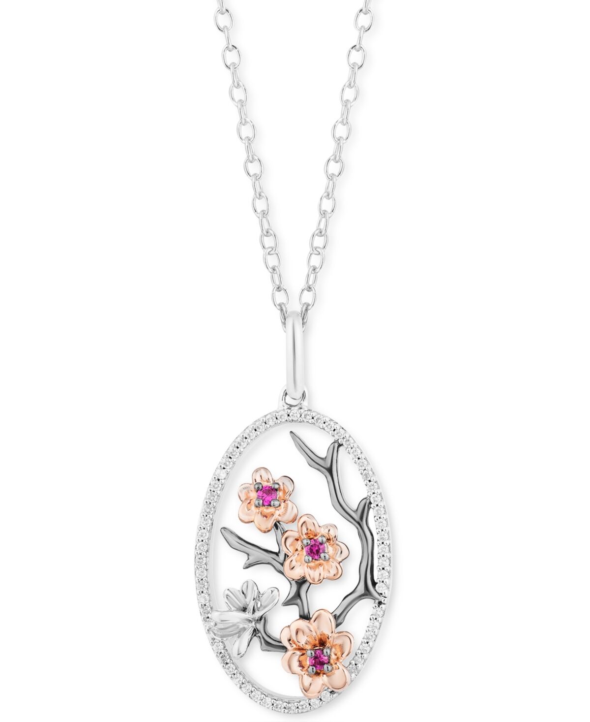 Disney Enchanted Disney Fine Jewelry Rhodolite Garnet (1/20 ct. t.w.) & Diamond (1/6 ct. t.w.) Mulan Flower Pendant Necklace in Sterling Silver & 14k Rose Go