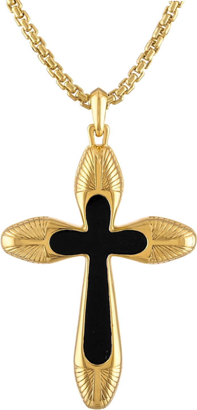 Bulova Men's Icon Black Agate Cross Pendant Necklace in 14k Gold-Plated Sterling Silver, 24