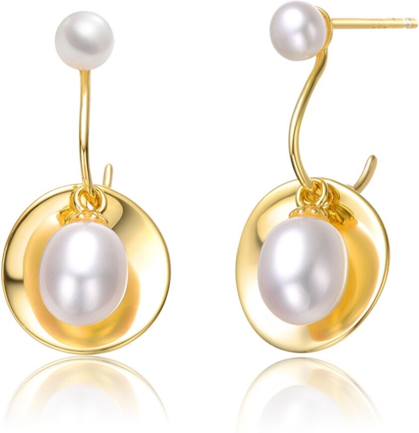 Genevive Sterling Silver 14k Yellow Gold Plated with White Freshwater Pearl Double Drop Seashell Dangle Earrings - Gold